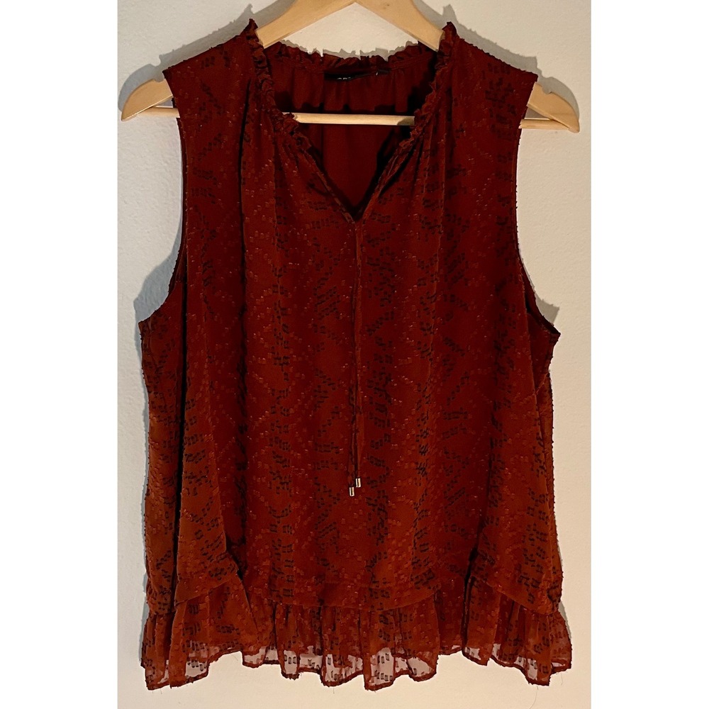 Apt. 9‎ Womens XL Sleeveless Ruffle Tie Neck Blouse Top Brown Geometric